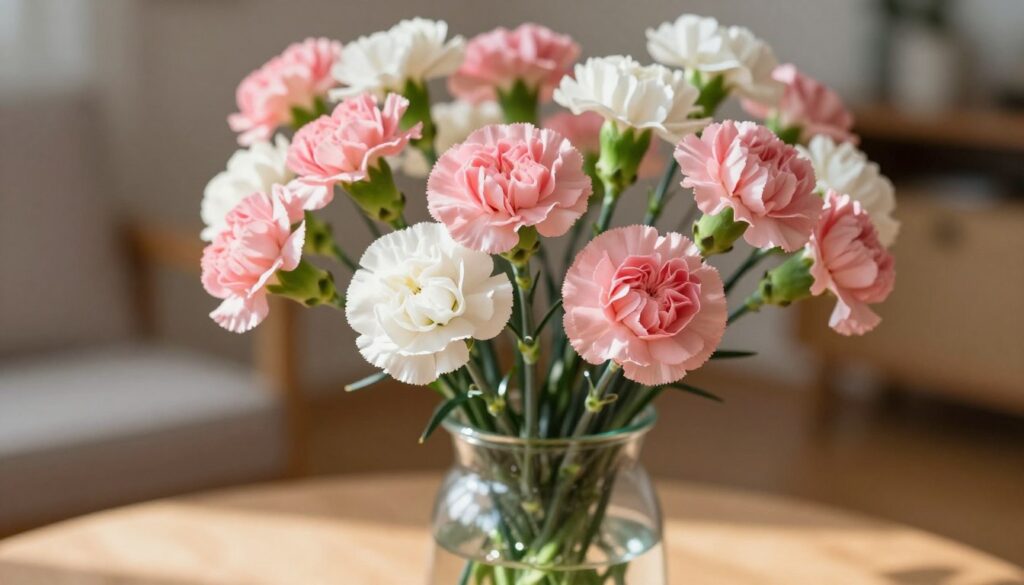 A vibrant arrangement of pink and white carnation flowers elegantly displayed in a classic glass vase. The foreground features the close-up of the flowers with delicate petals, showcasing their intricate layers and lush greens. In the middle ground, the glass vase is detailed with reflections of light, adding a subtle sparkle. The background is softly blurred with hints of a cozy, sunlit room, creating a serene atmosphere. The lighting is warm and inviting, casting gentle shadows that enhance the texture of the flowers. Capture this still life with a slightly angled view to emphasize the depth and richness of the scene, evoking a sense of tranquility and beauty ideal for floral decoration.