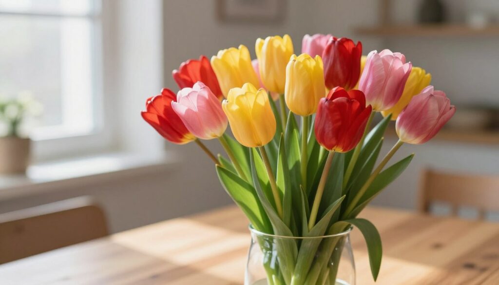A vibrant arrangement of tulips in a clear, elegant glass vase, showcasing a variety of colors such as deep red, bright yellow, and soft pink. The foreground features the tulips with fresh, lush green leaves, accentuating their delicate petals. In the middle ground, a softly blurred wooden table provides a warm contrast, evoking a homely atmosphere. The background is softly illuminated by natural light streaming through a nearby window, creating gentle shadows that enhance the tulips' textures. The overall mood is serene and inviting, encapsulating the beauty of fresh flowers while hinting at the importance of caring for them. The scene is composed from an angle that highlights the flowers' elegance and allure.