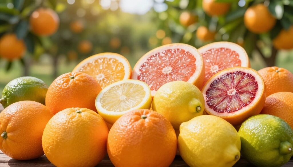 A vibrant arrangement of various citrus fruits showcasing their unique characteristics. In the foreground, feature ripe oranges, zesty lemons, and bright limes, each displaying their textured skins. The middle ground includes halved grapefruits, revealing their juicy interior and contrasting colors, with a slice of blood orange highlighting its deep red hue. In the background, a softly blurred citrus grove bathed in warm sunlight adds depth, evoking a fresh and lively atmosphere. The lighting is bright and natural, enhancing the glossy surfaces of the fruits, while the angle captures an enticing perspective that draws the viewer in. Aim for a cheerful and inviting mood, celebrating the diversity of citrus fruits. No text or captions should be present in the image.