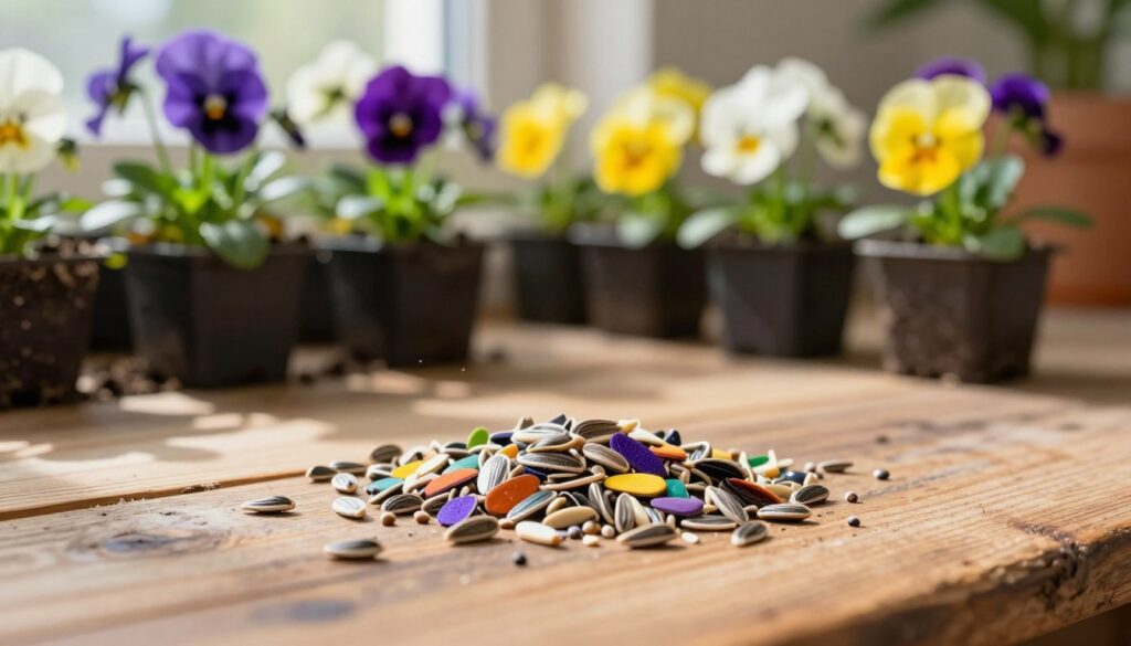 A vibrant close-up of a variety of "bratki nasion" (pansy seeds) scattered on a rustic wooden table, emphasizing their colorful, irregular shapes and textures. In the background, softly blurred, display pots filled with young pansy plants, showcasing vivid purple, yellow, and white flowers. Natural sunlight pours in from a nearby window, casting gentle shadows and creating a warm and inviting atmosphere. The image captures the essence of gardening, evoking a sense of nurturing and growth, perfect for illustrating the process of growing pansies from seeds. The composition should convey a feeling of tranquility and a connection to nature, with a depth of field effect focusing on the seeds in the foreground while maintaining clarity in the background plants.
