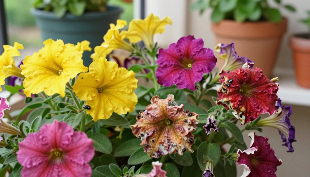 A vibrant, close-up view of healthy petunias in various colors, with a focus on identifying specific diseases and pests affecting them. In the foreground, showcase wilted petals and discolored leaves, illustrating symptoms of common petunia ailments like powdery mildew and aphid infestations. The middle layer should include healthy petunia flowers, blooming brightly in sunlight, providing contrast to the damaged plants. In the background, a garden setting, with well-kept pots on a balcony, hints of green foliage, and soft natural light create a warm atmosphere. Use a shallow depth of field to emphasize the details of the petunias while gently blurring the background. The overall mood is educational and informative, ideal for illustrating plant health.