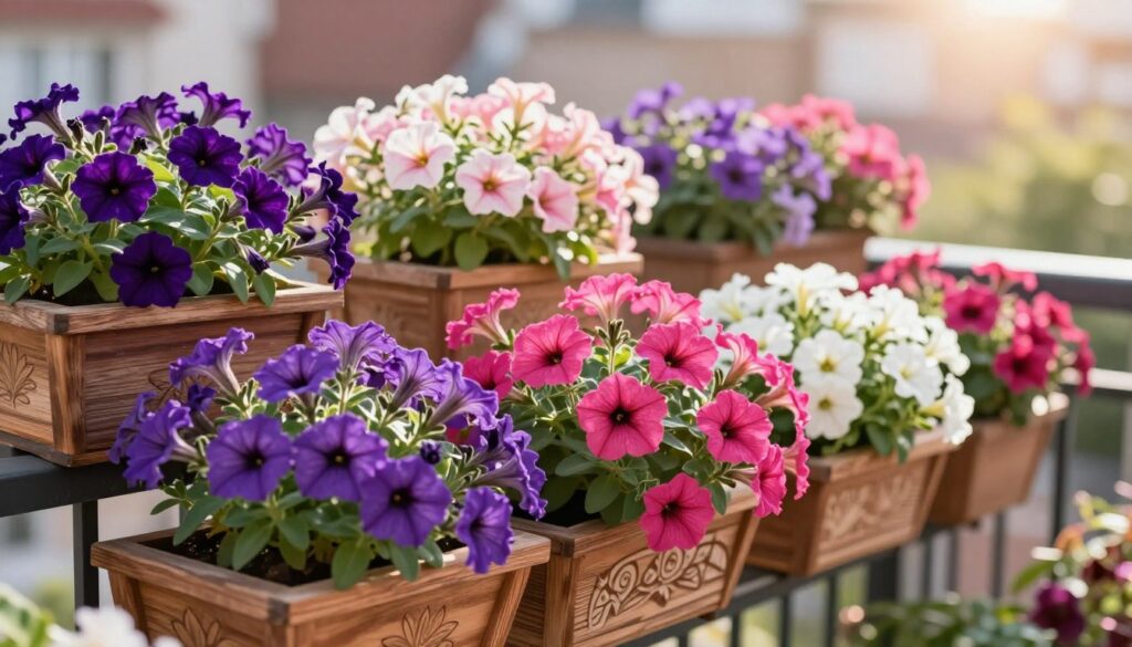 A vibrant collection of the most beautiful petunia varieties displayed in elegant balcony boxes, showcasing a spectrum of colors including rich purples, fiery pinks, and soft whites. In the foreground, focus on the lush, full blooms cascading over the edges of wooden planters, adorned with intricate designs. The middle ground features additional planters with various petunia types, elegantly arranged to highlight their different textures and color contrasts. The background includes a soft-focus urban balcony setting with natural sunlight filtering through, creating a warm and inviting atmosphere. Utilize a shallow depth of field to draw attention to the flowers while adding a dreamy bokeh effect. Emphasize the cheerful and vibrant mood of spring. No text or other distractions present.