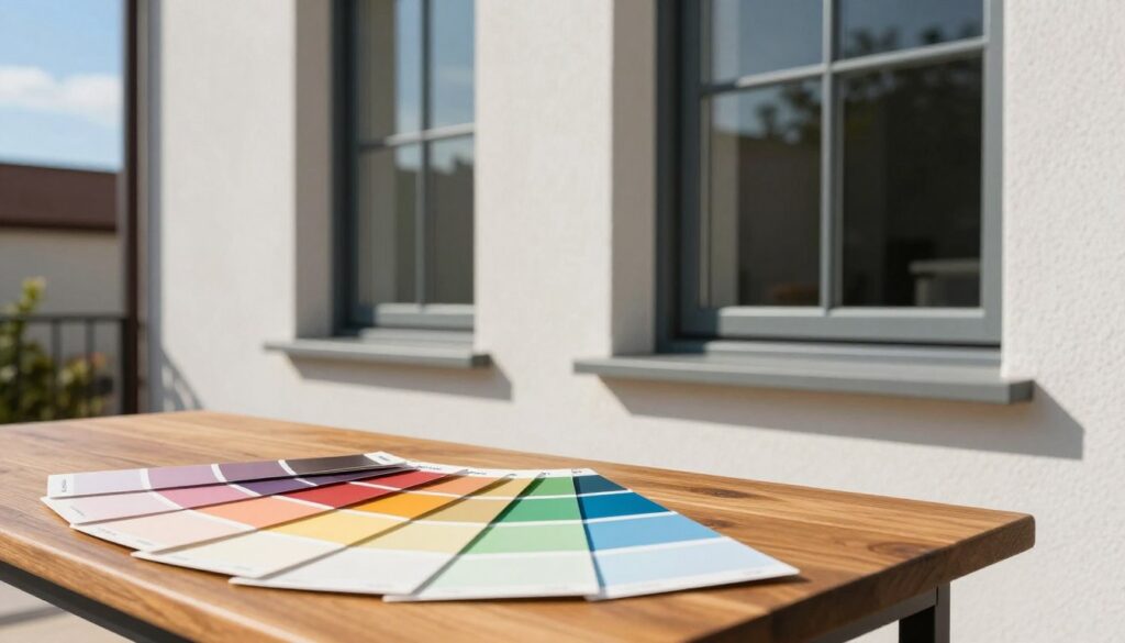 A vibrant display of a RAL color palette specifically for outdoor window sills is set against a modern architectural backdrop. In the foreground, a wooden table features neatly arranged color swatches, showcasing various RAL colors that convey a sense of harmony and balance. The middle ground presents a stylish building facade with contrasting window frames, illustrating how the selected RAL colors complement the exterior finish. Soft, natural lighting enhances the colors, creating an inviting atmosphere. The background displays a clear blue sky, adding to the freshness of the scene. The composition is captured from a slight angle to highlight the interplay of colors and materials, evoking a sense of design expertise and professionalism.