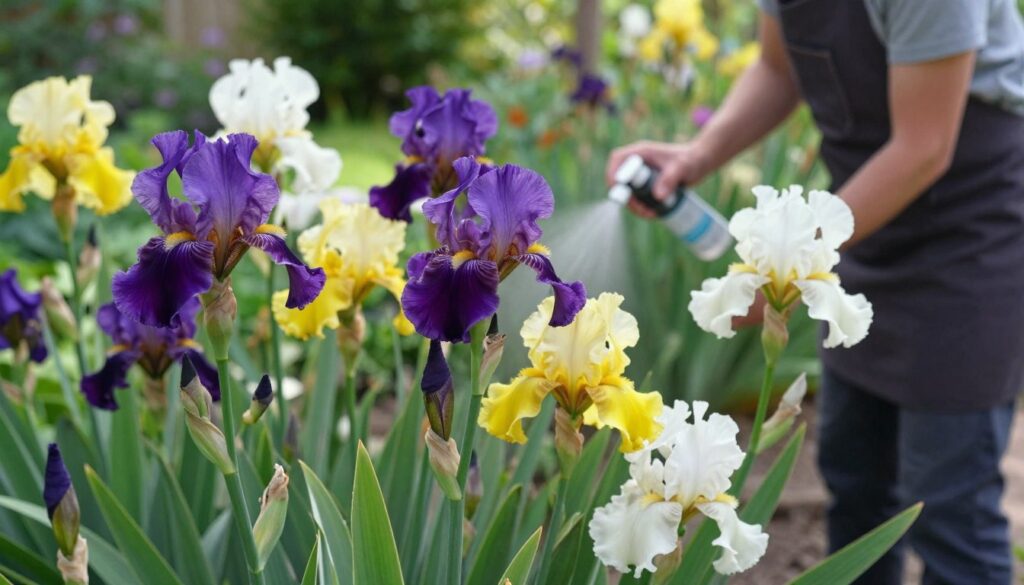 A vibrant garden scene featuring a cluster of healthy irises in full bloom, showcasing their striking colors: deep purples, bright yellows, and soft whites. In the foreground, a close-up view of irises with lush green leaves, appearing robust and resistant to pests. The middle ground reveals a gentle gardener in casual attire, applying a natural protective spray to the plants, highlighting their care. In the background, a sunny garden setting with soft, diffused sunlight filtering through, casting gentle shadows that enhance the textures and details of the flowers. The atmosphere is serene and nurturing, emphasizing the importance of protection against diseases and pests for a flourishing iris garden.