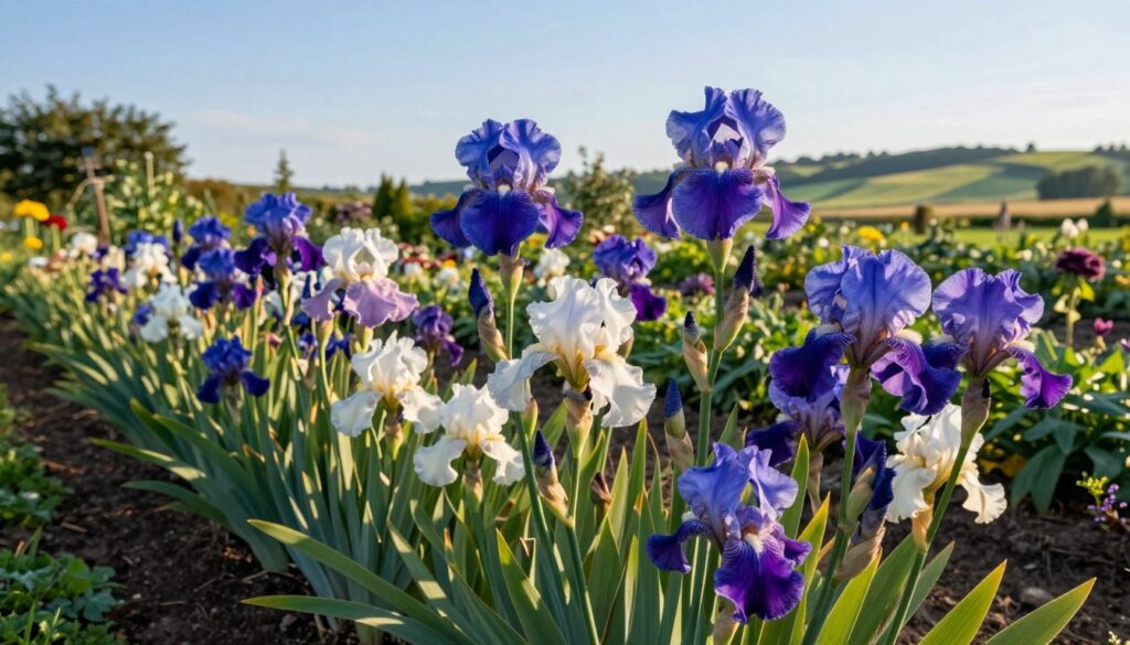 A vibrant garden scene featuring a flourishing bed of irises in various colors, including deep blues, purples, and soft whites. In the foreground, tall and healthy iris plants display their delicate petals under soft morning light. The middle ground features a well-tended garden space with rich, dark soil and lush green foliage surrounding the irises. In the background, a picturesque landscape of gently rolling hills and a clear blue sky enhances the serenity of the scene. The sunlight softly casts warm highlights on the petals, creating a tranquil and inviting atmosphere. The angle is slightly elevated, capturing the irises from a natural perspective, showcasing their beauty for optimal growth and vibrant display in future seasons.