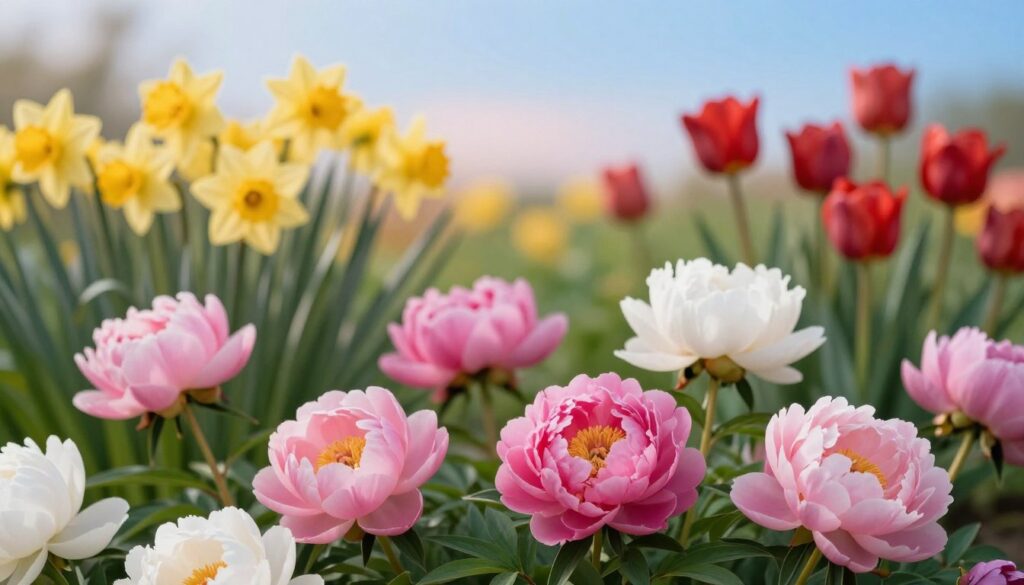 A vibrant garden scene featuring peonies in full bloom, harmoniously accompanied by various bulbous plants such as tulips and daffodils. In the foreground, the peonies showcase their lush, rounded petals in shades of pink and white, while the bulbous plants add accents of yellow and deep red. In the middle ground, layers of greenery create a rich backdrop with soft-focus leaves and stems, enhancing the vibrant colors of the flowers. The background features a gentle gradient of a blue sky, filtered sunlight casting a warm glow over the scene, evoking a serene, picturesque atmosphere. Capture this arrangement with a macro lens angle to highlight intricate details of each flower, emphasizing the seasonal beauty of the garden composition.
