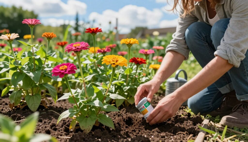 A vibrant garden scene focusing on the nurturing of zinnias. In the foreground, a gardener in modest casual attire is kneeling, carefully applying organic fertilizer to the rich, dark soil around vibrant zinnia plants, showcasing a variety of colors such as bright pinks, yellows, and reds. In the middle ground, healthy green foliage surrounds the flowers, with a watering can resting nearby. The background features a lush garden filled with more zinnias under a bright blue sky dotted with fluffy white clouds. The scene is illuminated by warm, soft sunlight, casting gentle shadows and highlighting the textures of the flowers and soil. The mood is tranquil and nurturing, embodying the care needed for successful plant growth. A vibrant garden scene focusing on the nurturing of zinnias. In the foreground, a gardener in modest casual attire is kneeling, carefully applying organic fertilizer to the rich, dark soil around vibrant zinnia plants, showcasing a variety of colors such as bright pinks, yellows, and reds. In the middle ground, healthy green foliage surrounds the flowers, with a watering can resting nearby. The background features a lush garden filled with more zinnias under a bright blue sky dotted with fluffy white clouds. The scene is illuminated by warm, soft sunlight, casting gentle shadows and highlighting the textures of the flowers and soil. The mood is tranquil and nurturing, embodying the care needed for successful plant growth.