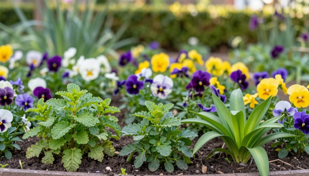 A vibrant garden scene illustrating plants to avoid near pansies, set in a well-lit afternoon. In the foreground, display unhealthy or incompatible plants such as aggressive weeds, certain types of herbs like mint, and invasive species like wild garlic, highlighting their negative impact on the surrounding flora. In the middle ground, create a soft focus on a colorful bed of healthy pansies in various shades of purple, yellow, and white. In the background, add a blurred green hedge giving depth and a serene atmosphere. Use natural sunlight to enhance colors and create gentle shadows. The composition should evoke a sense of caution in gardening, with a harmonious yet contrasting visual balance between the pansies and the undesirable plants.