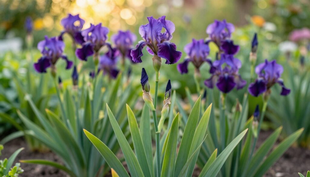 A vibrant garden scene showcasing clusters of Iris plants exhibiting signs of rejuvenation. In the foreground, a close-up of a healthy iris clump with lush green leaves, showing signs of division, such as fresh shoots and spaced-out blooms. The middle ground features a slightly blurred view of more iris clumps in varying stages of growth, illustrating the process of rejuvenation. The background presents soft-focus garden elements, such as a gentle sunlight filtering through leaves, creating a warm, inviting atmosphere. Natural colors dominate, with rich purples and greens emphasized. The overall mood conveys growth and vitality, captured in soft, natural light akin to golden hour. The image should evoke a sense of renewal and the importance of proper iris care.