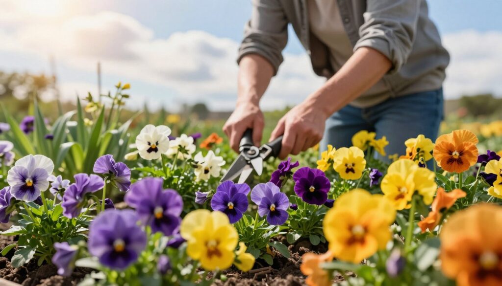 A vibrant garden scene showcasing pansies in full bloom, emphasizing various techniques to prolong their flowering period. In the foreground, clusters of colorful pansies in shades of purple, yellow, and orange, interspersed with lush green foliage. In the middle ground, a gardener in modest casual clothing is gently pruning and watering the plants, showcasing care and attention. The background features a sunny sky with soft, fluffy clouds, creating a warm, inviting ambiance. The lighting is bright and natural, enhancing the vibrant colors of the flowers, while the angle captures the depth of the garden, creating a sense of abundance. The overall mood is cheerful and inspiring, reflecting the joy of gardening and the beauty of well-maintained floral arrangements.