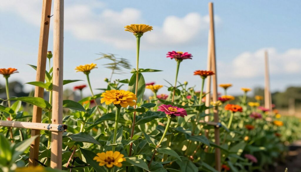 A vibrant garden scene showcasing tall zinnias being securely staked to protect them from strong winds. In the foreground, sturdy wooden stakes rise beside the colorful blooms, with lush green leaves swaying gently. The middle ground features multiple zinnias in various stages of bloom, displaying bright yellows, pinks, and oranges. The background includes a clear blue sky with scattered clouds, enhancing the sense of a breezy day. Soft, warm sunlight casts gentle shadows, creating a tranquil yet dynamic atmosphere. The angle is slightly low, emphasizing the height of the flowers and the protective measures in place, conveying a sense of care and attention to gardening. No people are present, ensuring a focus on the plants and their protective setup. A vibrant garden scene showcasing tall zinnias being securely staked to protect them from strong winds. In the foreground, sturdy wooden stakes rise beside the colorful blooms, with lush green leaves swaying gently. The middle ground features multiple zinnias in various stages of bloom, displaying bright yellows, pinks, and oranges. The background includes a clear blue sky with scattered clouds, enhancing the sense of a breezy day. Soft, warm sunlight casts gentle shadows, creating a tranquil yet dynamic atmosphere. The angle is slightly low, emphasizing the height of the flowers and the protective measures in place, conveying a sense of care and attention to gardening. No people are present, ensuring a focus on the plants and their protective setup.