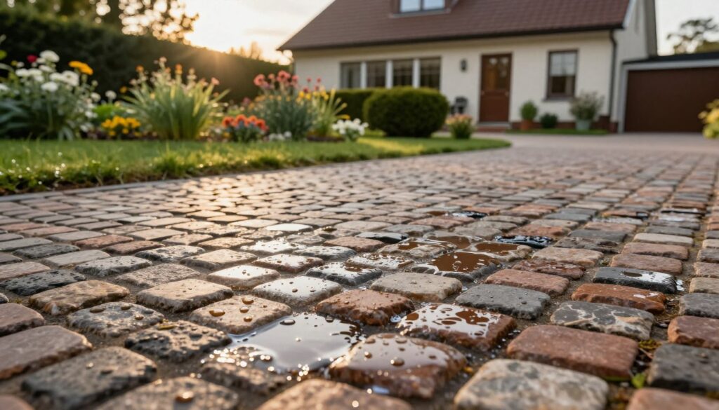 A vibrant outdoor scene featuring freshly impregnated cobblestones in a residential setting. The foreground displays glistening cobblestones with droplets of protective sealant, reflecting the natural light. In the middle ground, a detailed view of a green garden with seasonal flowers and neatly trimmed hedges enhances the scene's appeal. The background showcases a cozy home with a well-maintained driveway leading to it. The image should capture golden hour lighting, providing a warm, inviting atmosphere. A wide-angle lens perspective will enhance the depth of the scene, allowing viewers to appreciate the effects of the protective treatment on the cobblestones, highlighting their rich color and texture. The overall mood is serene and professional, ideal for illustrating the importance of protective treatments.