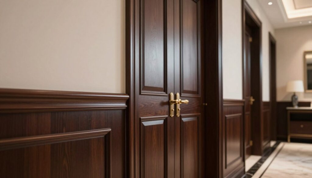 An elegant and sophisticated interior showcasing a close-up view of dark baseboards harmoniously matched with dark wooden doors. In the foreground, highlight the rich, glossy texture of the baseboards, complemented by a smooth finish that accentuates their depth. In the middle, the dark doors are prominently featured, offering a contrast that enhances the overall elegance of the interior. The background softly blurs to depict a tastefully decorated room with neutral-colored walls and ambient lighting that creates a warm atmosphere. The light should reflect off the wooden surfaces, giving them a polished look. Capture this scene from a slightly angled perspective to emphasize the interplay between the dark elements and the inviting ambiance of the space.