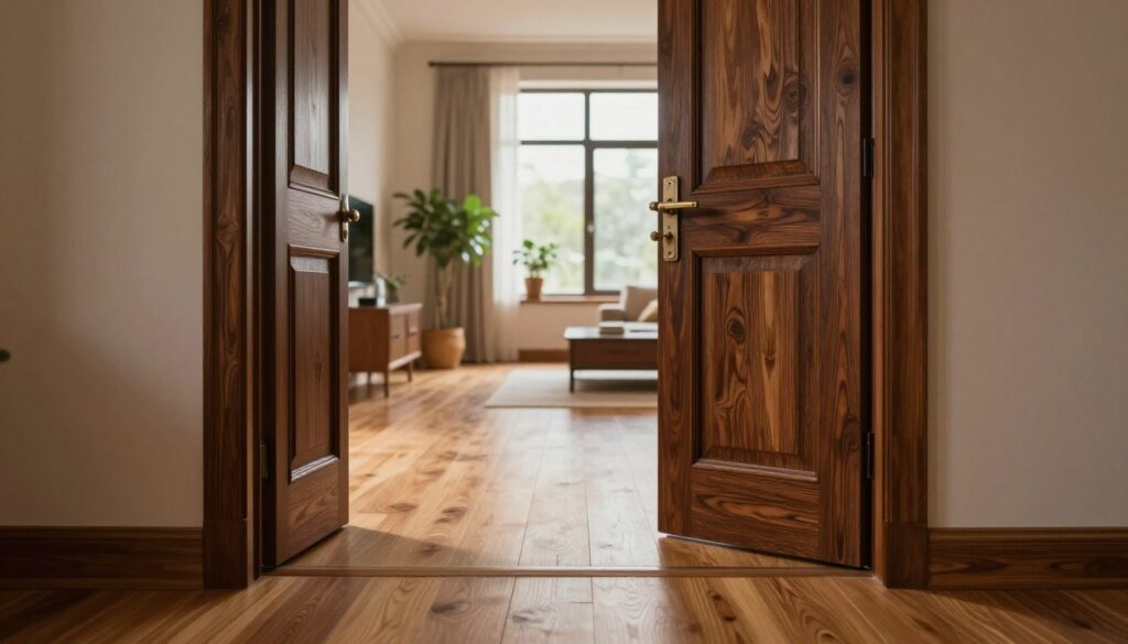An elegantly designed interior featuring an open doorway leading to a wooden floor, illustrating a harmonious blend of similarity and bold contrast. In the foreground, the focus is on the intricately crafted wooden door with a rich, dark finish, its grain highlighting natural beauty. In the middle ground, the pristine wooden floor extends seamlessly, showcasing a warm tone that complements the door. The background reveals soft, ambient lighting filtering through large windows, illuminating subtle decor elements like potted plants and minimalist furniture. The atmosphere is serene yet inspiring, inviting viewers to consider their own choices in home design. Use a wide-angle lens to capture the spaciousness and warmth of the space, emphasizing the connection between the door and flooring.