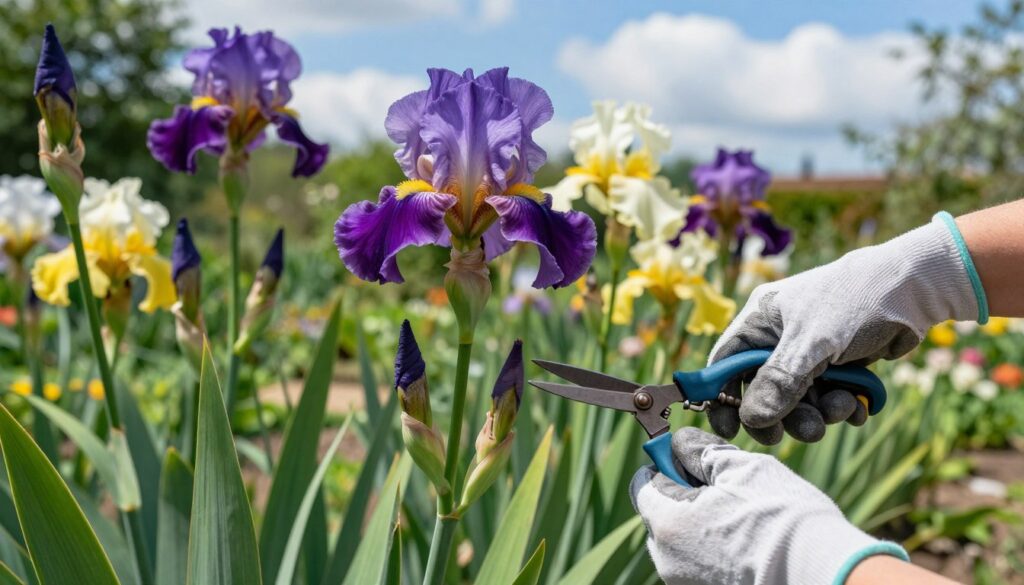 Iris leaves being meticulously cared for in a lush summer garden. In the foreground, vibrant green iris leaves with silky textures are being gently pruned, showcasing the intricate details of their structure. A pair of gloved hands holds pruning shears, focused on the task. The middle ground features a variety of blooming irises in different colors—purple, yellow, and white—creating a sense of harmony and growth. In the background, a softly blurred garden setting with a blue sky and fluffy clouds enhances the summer atmosphere. Natural sunlight filters through the leaves, casting gentle shadows and highlighting the freshness of the scene. The overall mood is peaceful and nurturing, capturing the essence of summer plant care.