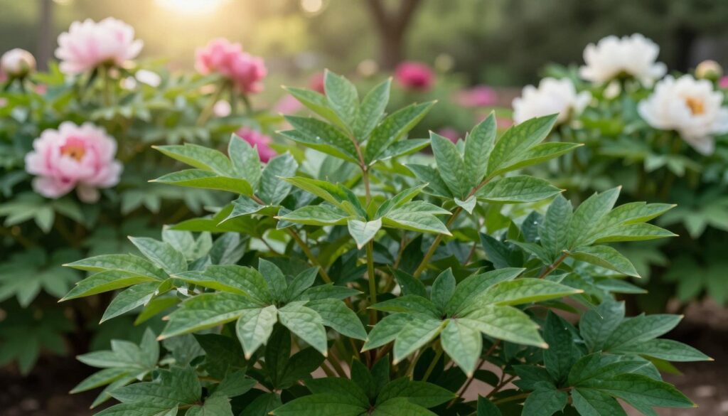 Lush peony leaves in varying shades of deep green, showcasing their intricate, glossy texture and serrated edges, positioned prominently in the foreground. The middle ground features a soft-focus garden setting with blurred peony flowers blooming in pink and white hues, enhancing the lushness of the scene. In the background, a gentle sunlight filters through, casting a warm and inviting glow across the foliage, creating dappled light effects. The scene captures the essence of vitality and growth, evoking a sense of tranquility and nature's finesse. Utilize a shallow depth of field to emphasize the peony leaves while providing a serene backdrop. The overall mood should be peaceful, reflecting the harmonious relationship between plants and the process of photosynthesis.