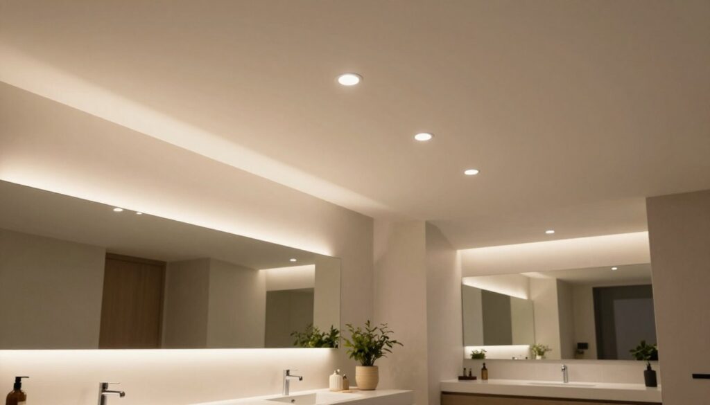 Modern bathroom interior showcasing recessed ceiling lights, also known as "oprawy podtynkowe," elegantly illuminating the space. In the foreground, sleek, minimalistic light fixtures blend seamlessly into the smooth ceiling, radiating soft, warm light that enhances the calming atmosphere. The middle ground features chic bathroom elements, such as a stylish vanity with a large mirror and contemporary sink, reflecting the light beautifully. In the background, wisps of greenery in decorative pots add a touch of nature, contrasting with the modern design. The scene is captured with a wide-angle lens to emphasize the spaciousness and inviting feel of the bathroom, evoking a sense of tranquility and sophistication. The overall mood is one of modern elegance and comfort.